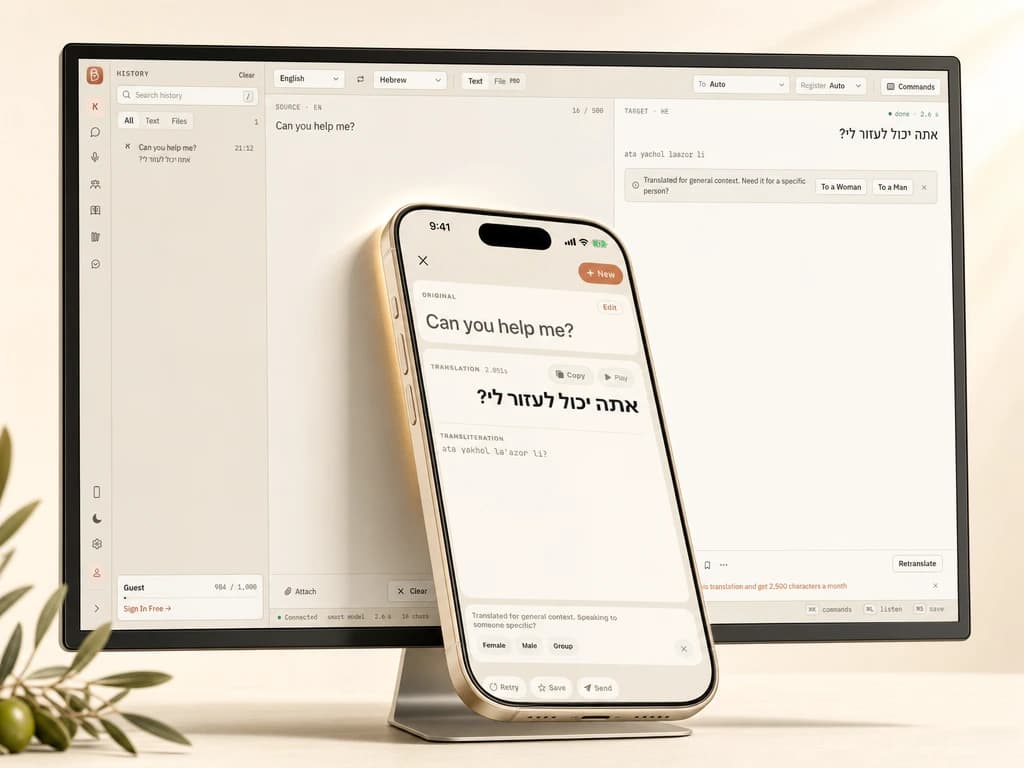 The baba iPhone app and web translator, both translating an English sentence into Hebrew with transliteration and speaker gender context