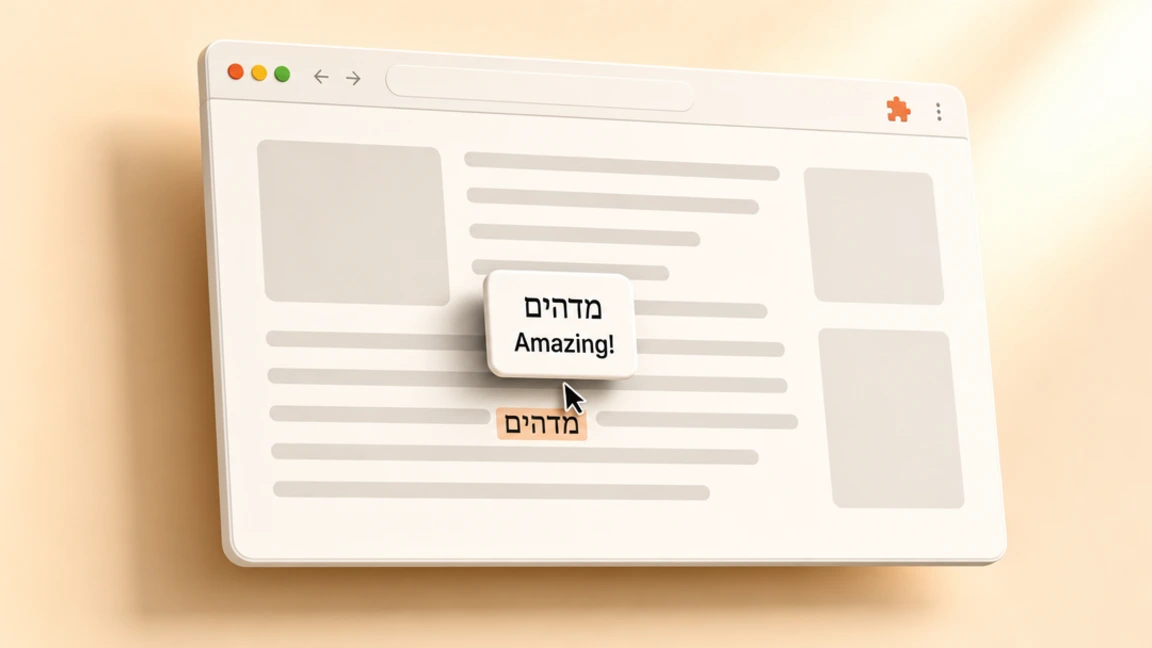 A web page with a Hebrew word highlighted and its English translation popping out above it